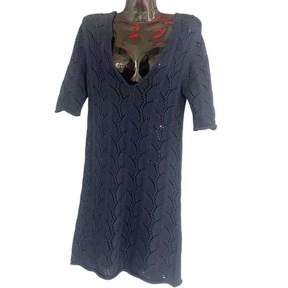 Athe Vanessa Bruno Espiegle Blue Crocheted 100% Cotton Short Sleeve Mini Dress S - Picture 1 of 8